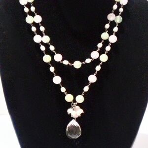 Guimaraes Rose Quartz Aventurine Pearl Double Strand Necklace Crystal Drop